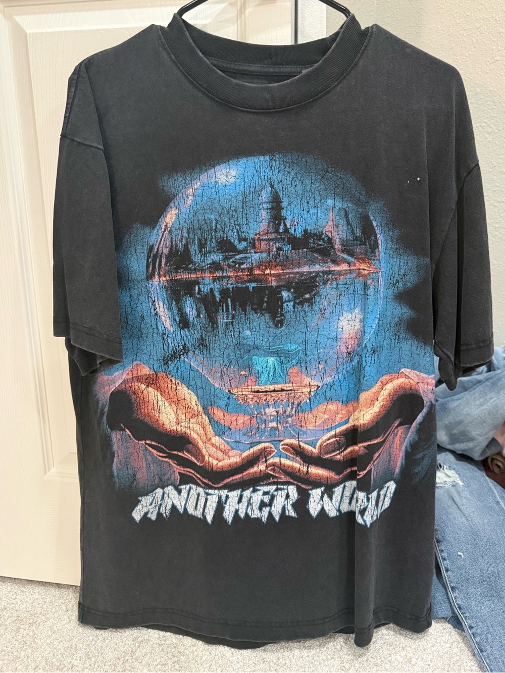 PacSun Black Short Sleeve Tee with Blue & Orange 'Another World' Graphic